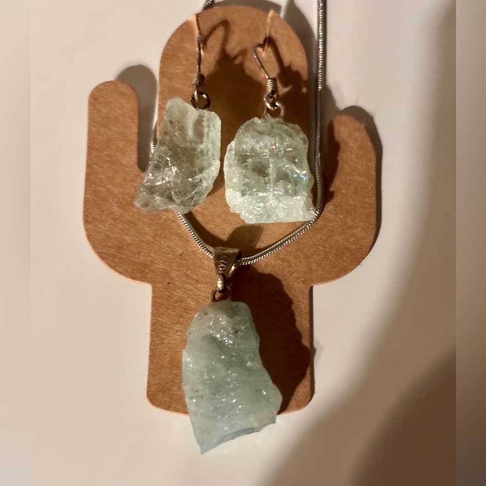 Raw Genuine Aquamarine Set – 925 Sterling – Necklace + Earrings March Birthstone